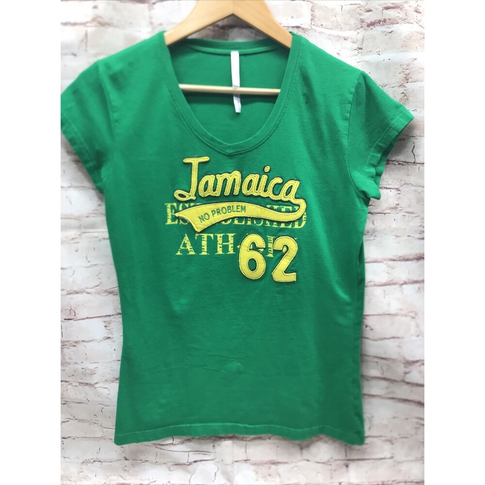 Jamaica No Problem 62 Tee Size XL  Women Fitted Green V Neck Short Sleeve